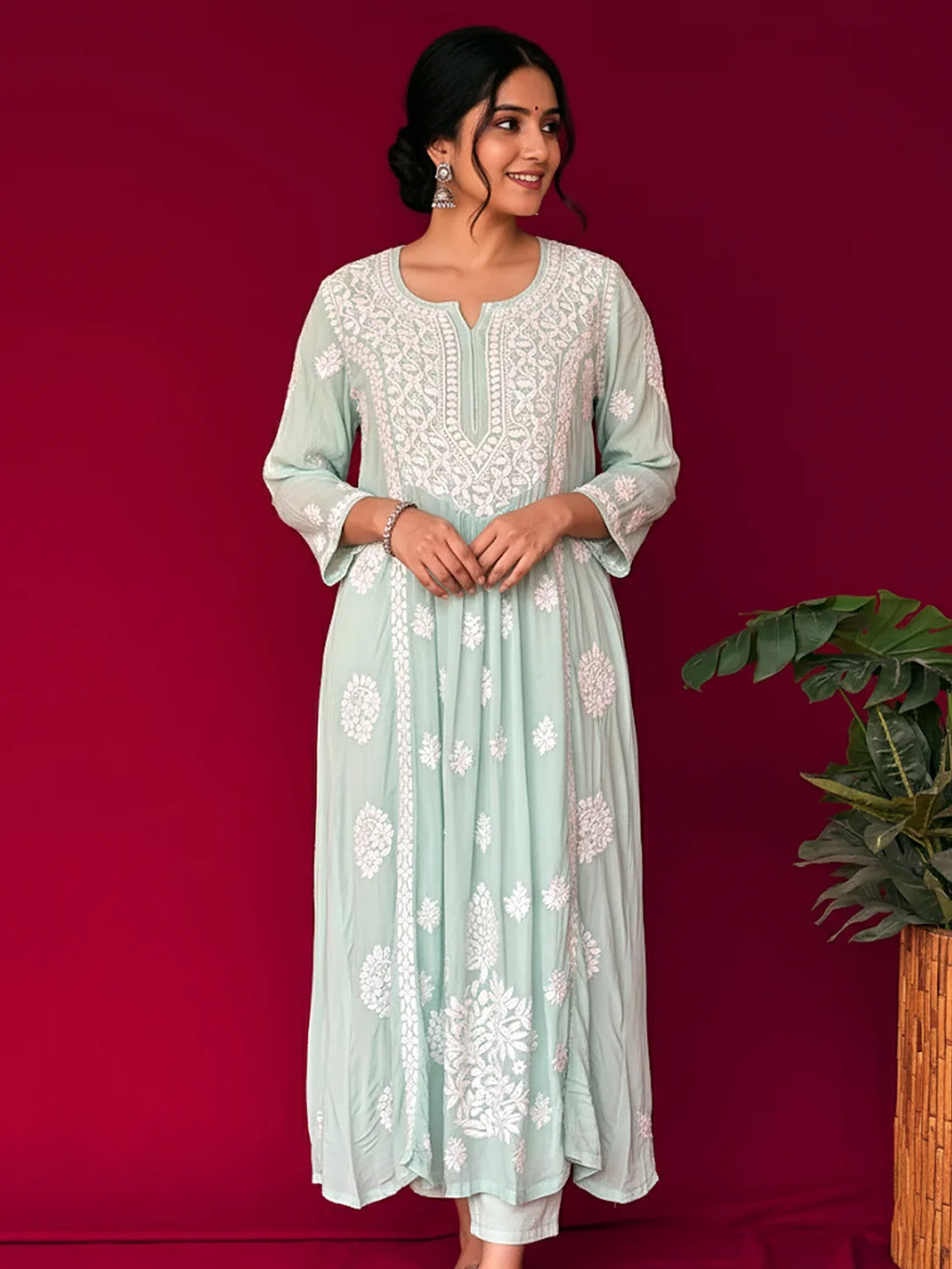 Green Crepe Chikankari Straight Kurta