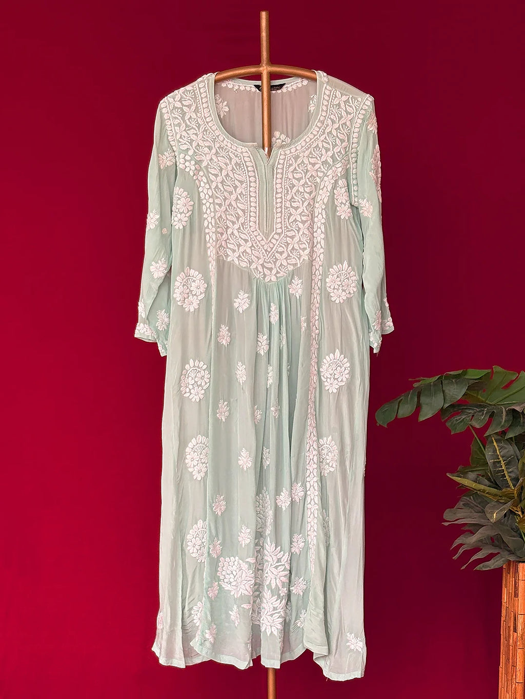 Green Crepe Chikankari Straight Kurta