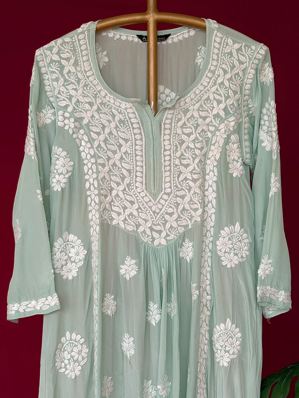 Green Crepe Chikankari Straight Kurta