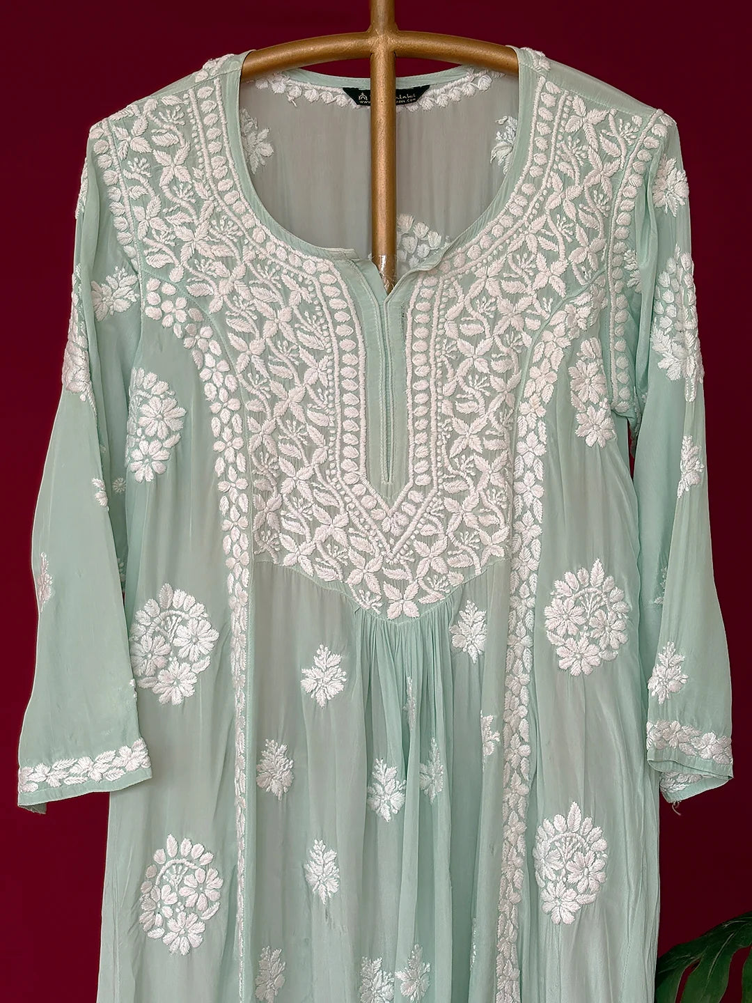 Green Crepe Chikankari Straight Kurta