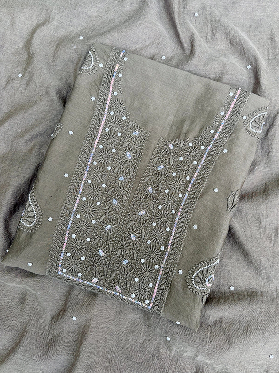 Green Mul Chanderi Chikankari Un-stitched Kurti Piece with Dupatta