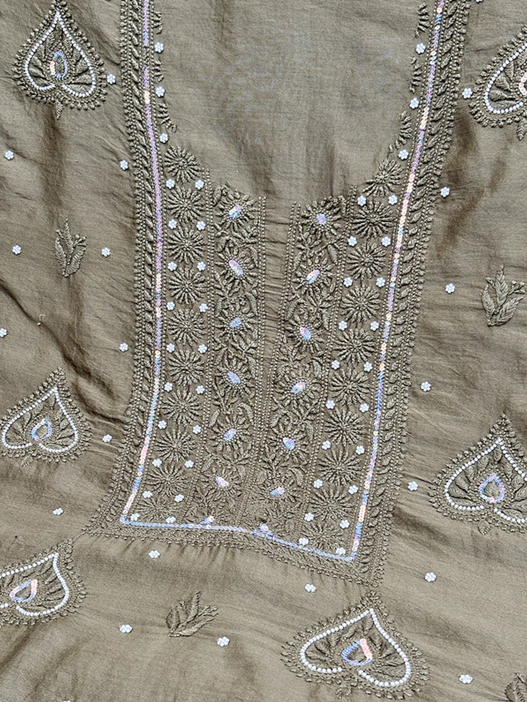 Green Mul Chanderi Chikankari Un-stitched Kurti Piece with Dupatta