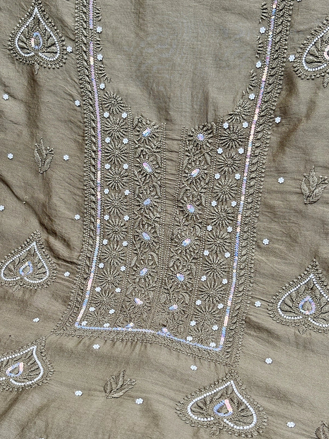Green Mul Chanderi Chikankari Un-stitched Kurti Piece with Dupatta