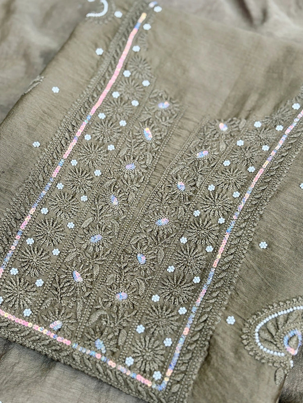 Green Mul Chanderi Chikankari Un-stitched Kurti Piece with Dupatta