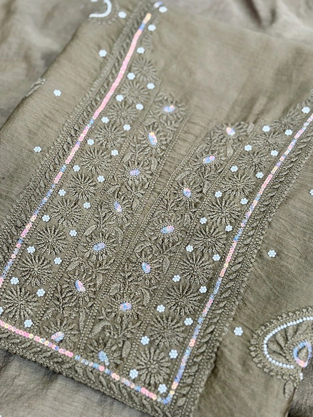 Green Mul Chanderi Chikankari Un-stitched Kurti Piece with Dupatta