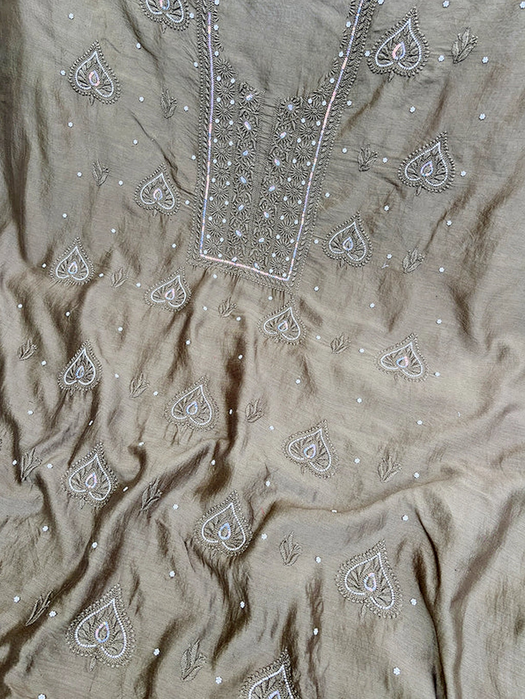Green Mul Chanderi Chikankari Un-stitched Kurti Piece with Dupatta
