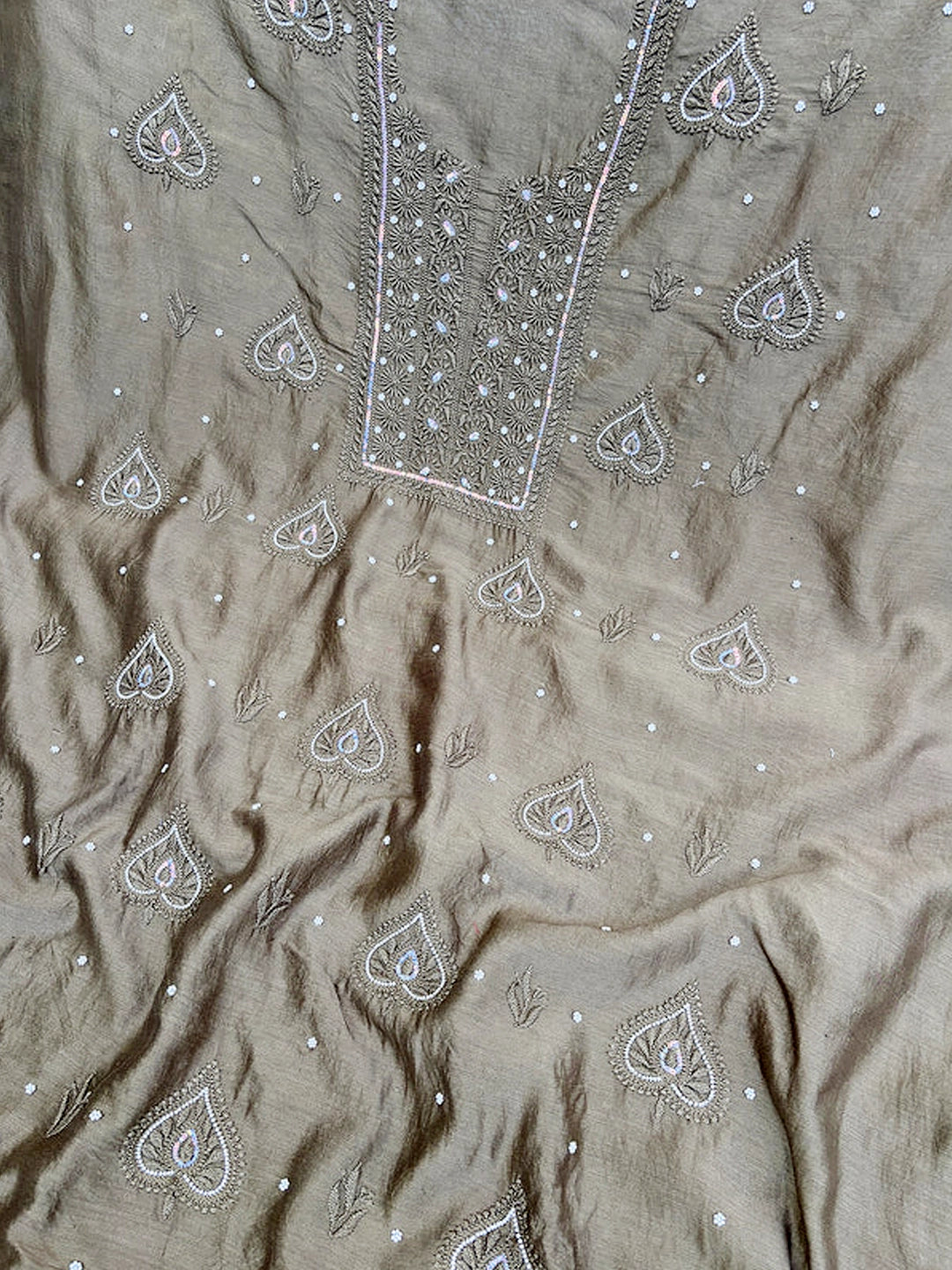 Green Mul Chanderi Chikankari Un-stitched Kurti Piece with Dupatta