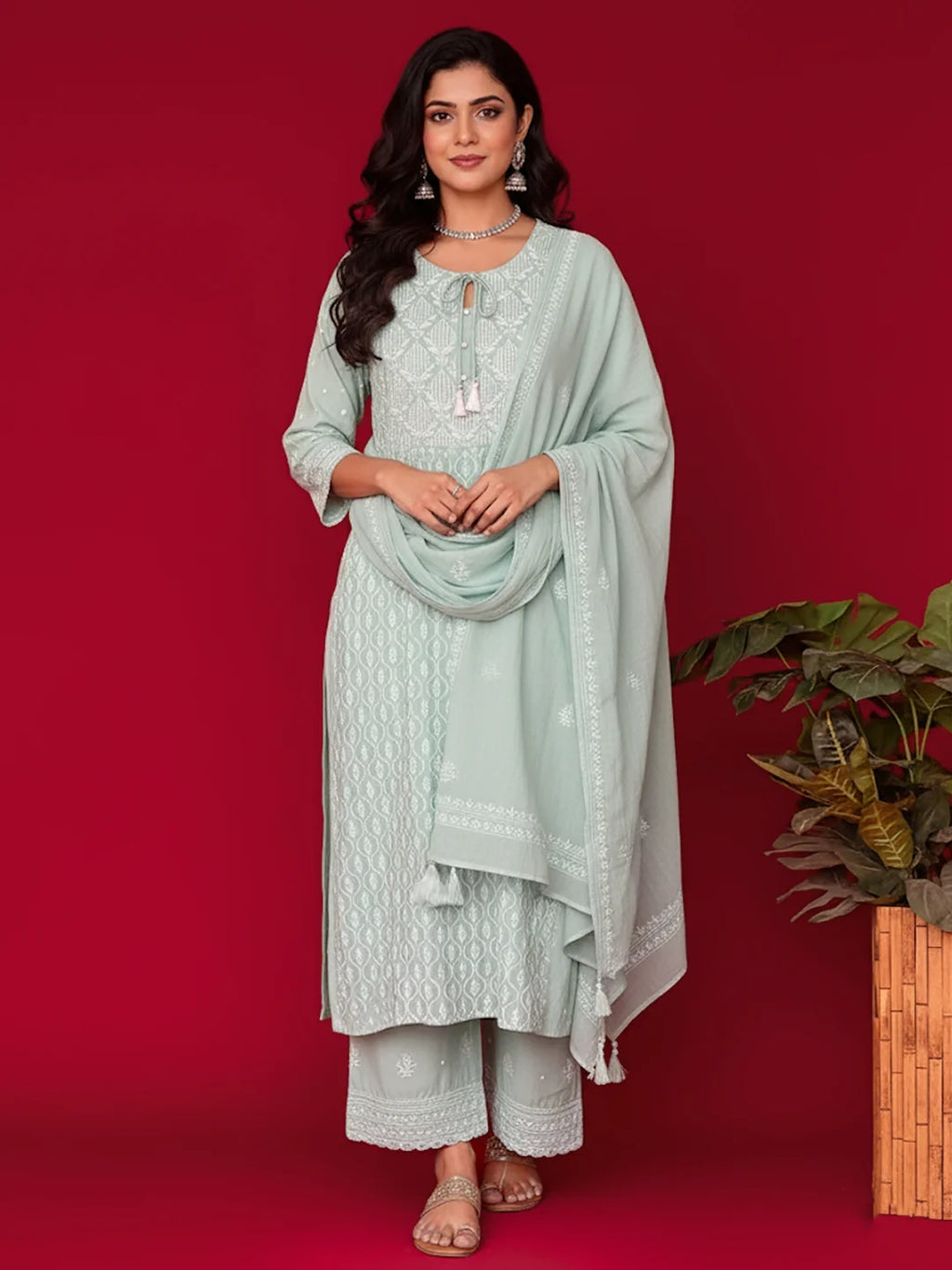 Green Mul Chanderi Chikankari Straight Kurta With Dupatta