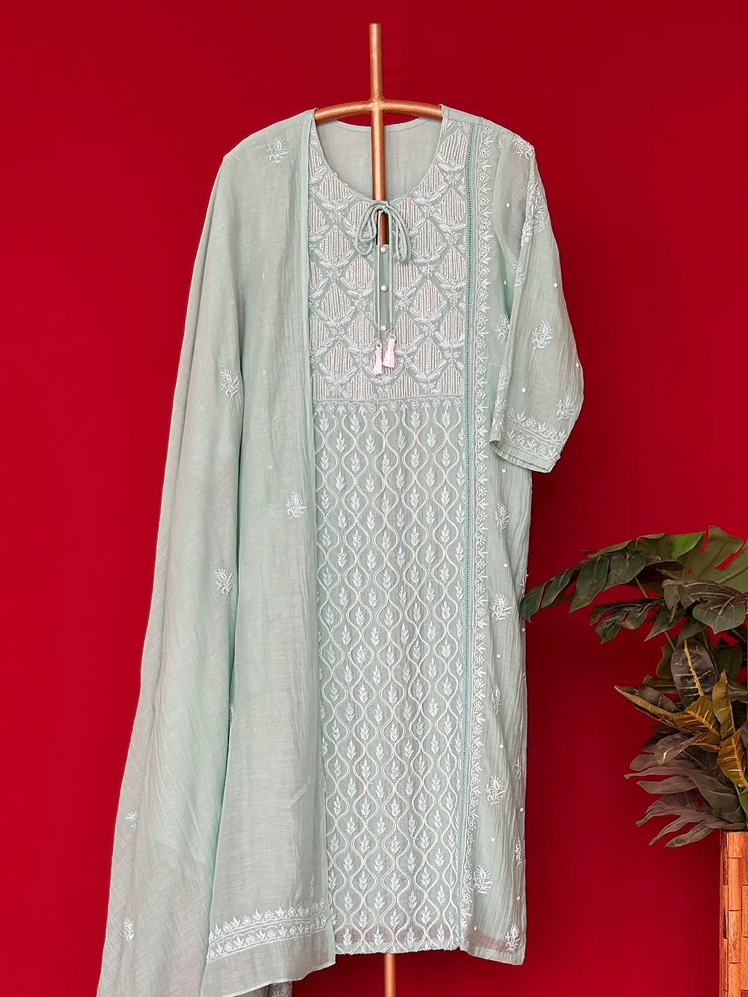 Green Mul Chanderi Chikankari Straight Kurta With Dupatta