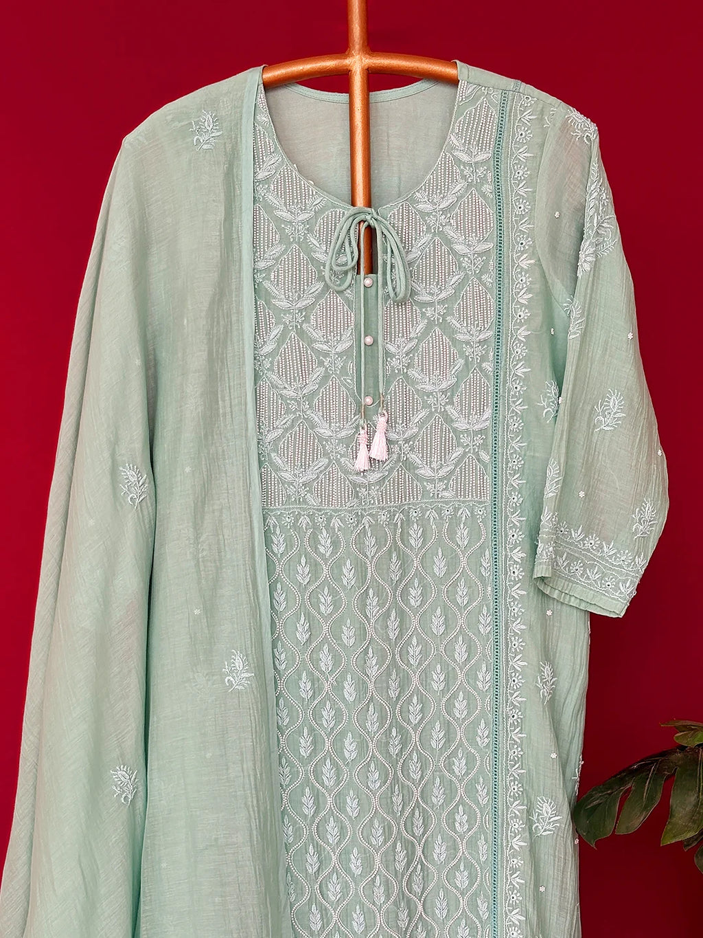 Green Mul Chanderi Chikankari Straight Kurta With Dupatta