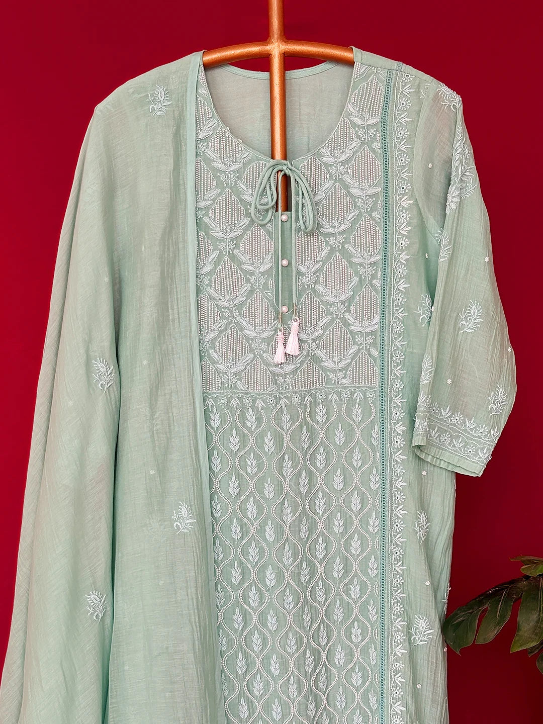 Green Mul Chanderi Chikankari Straight Kurta With Dupatta