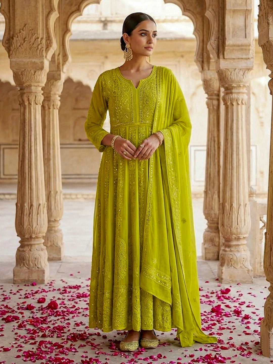 Naazni  Viscose Chikankari Anarkali with Dupatta - Green