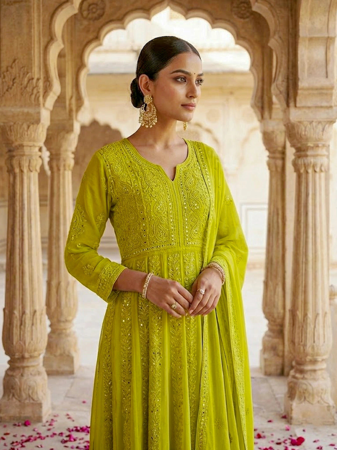 Naazni Chikankari Anarkali with Dupatta - Green