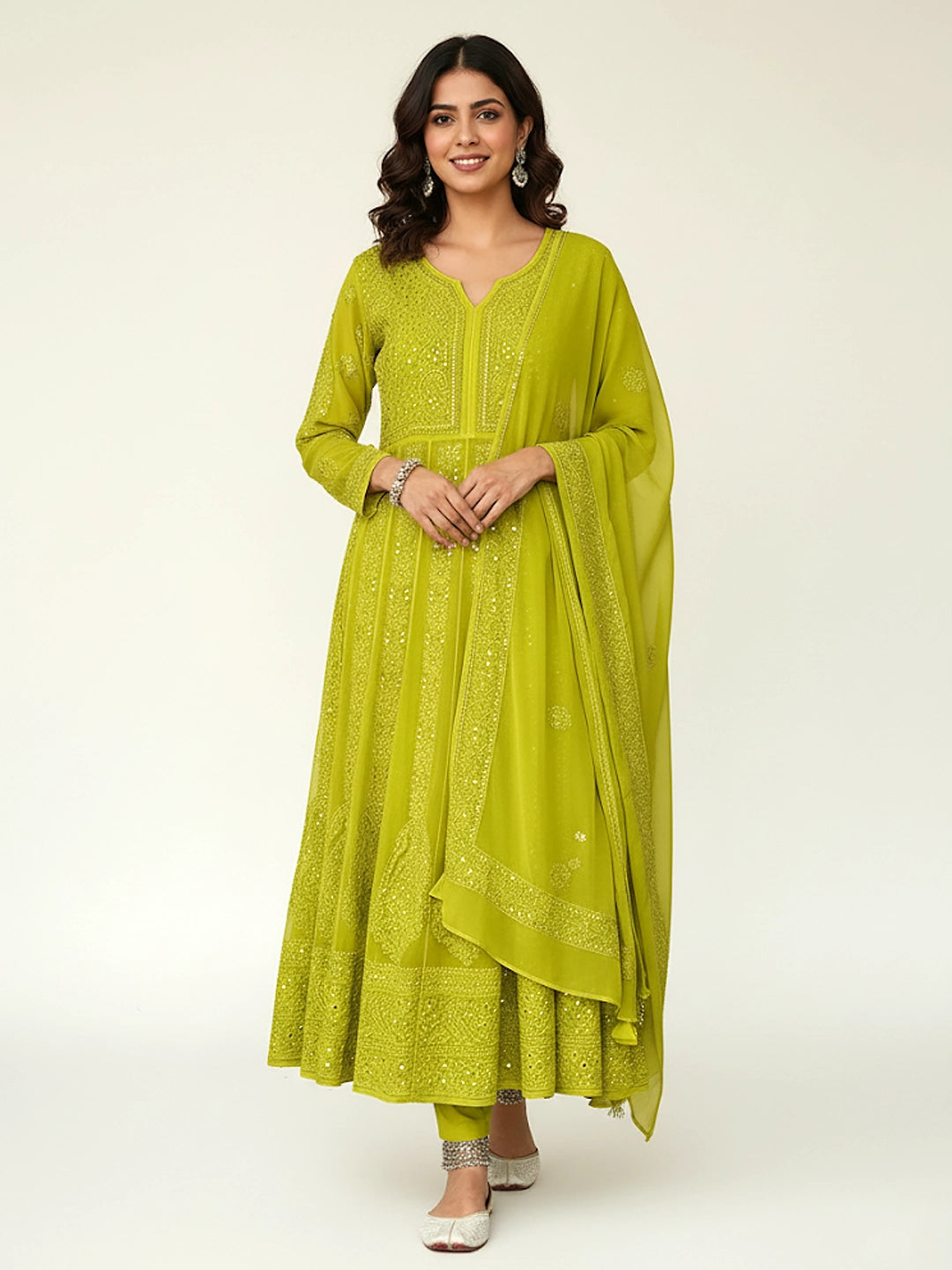 Green Naazni Viscose Chikankari Anarkali with Dupatta