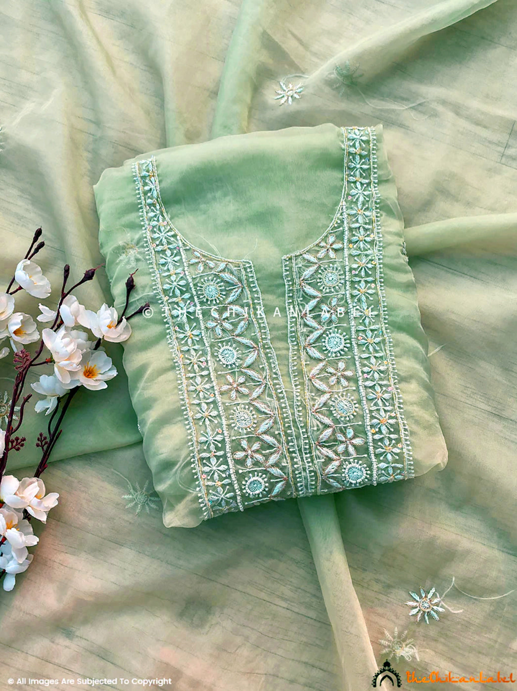 Green Nazrana Organza Chikankari Un-stitched Kurti Piece with Dupatta
