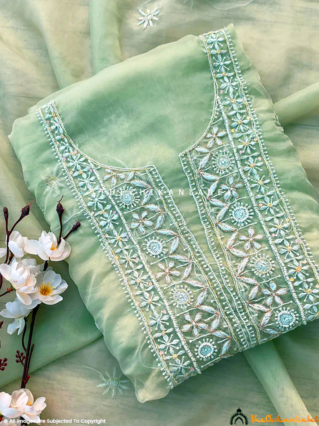 Green Nazrana Organza Chikankari Un-stitched Kurti Piece with Dupatta