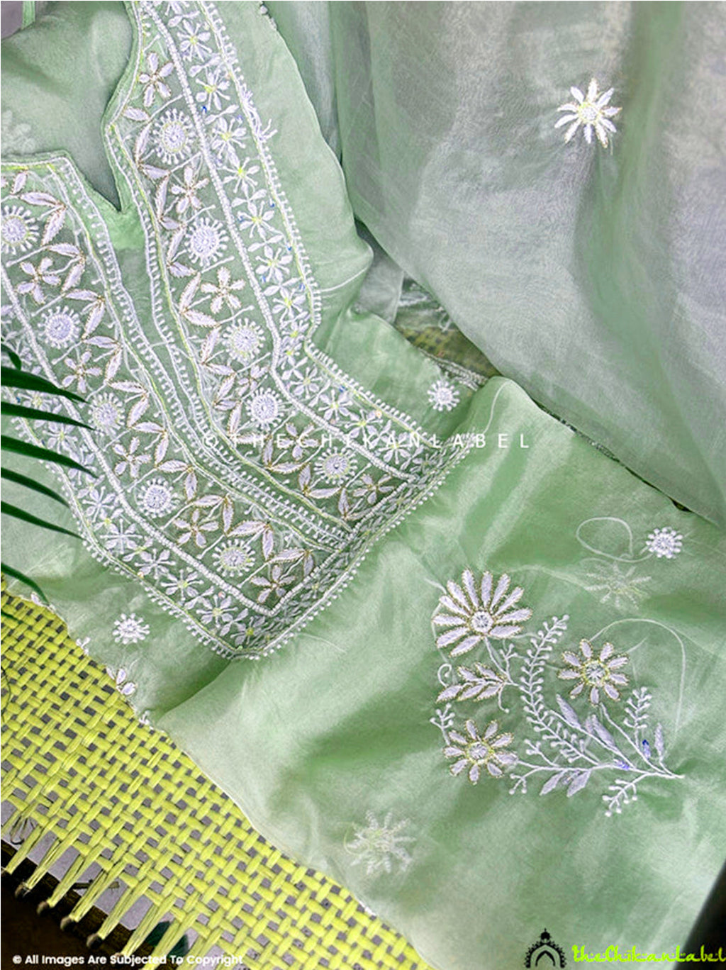 Green Nazrana Organza Chikankari Un-stitched Kurti Piece with Dupatta