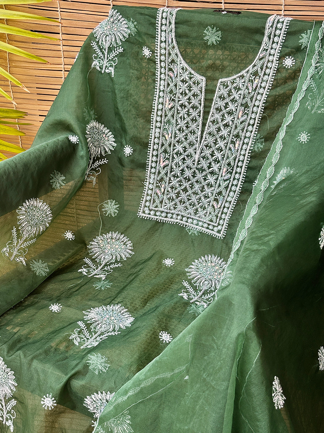 Green Organza Chikankari Un-Stitched Kurti Piece with Dupatta