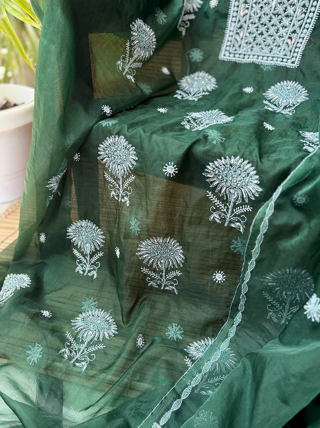 Green Organza Chikankari Un-Stitched Kurti Piece with Dupatta