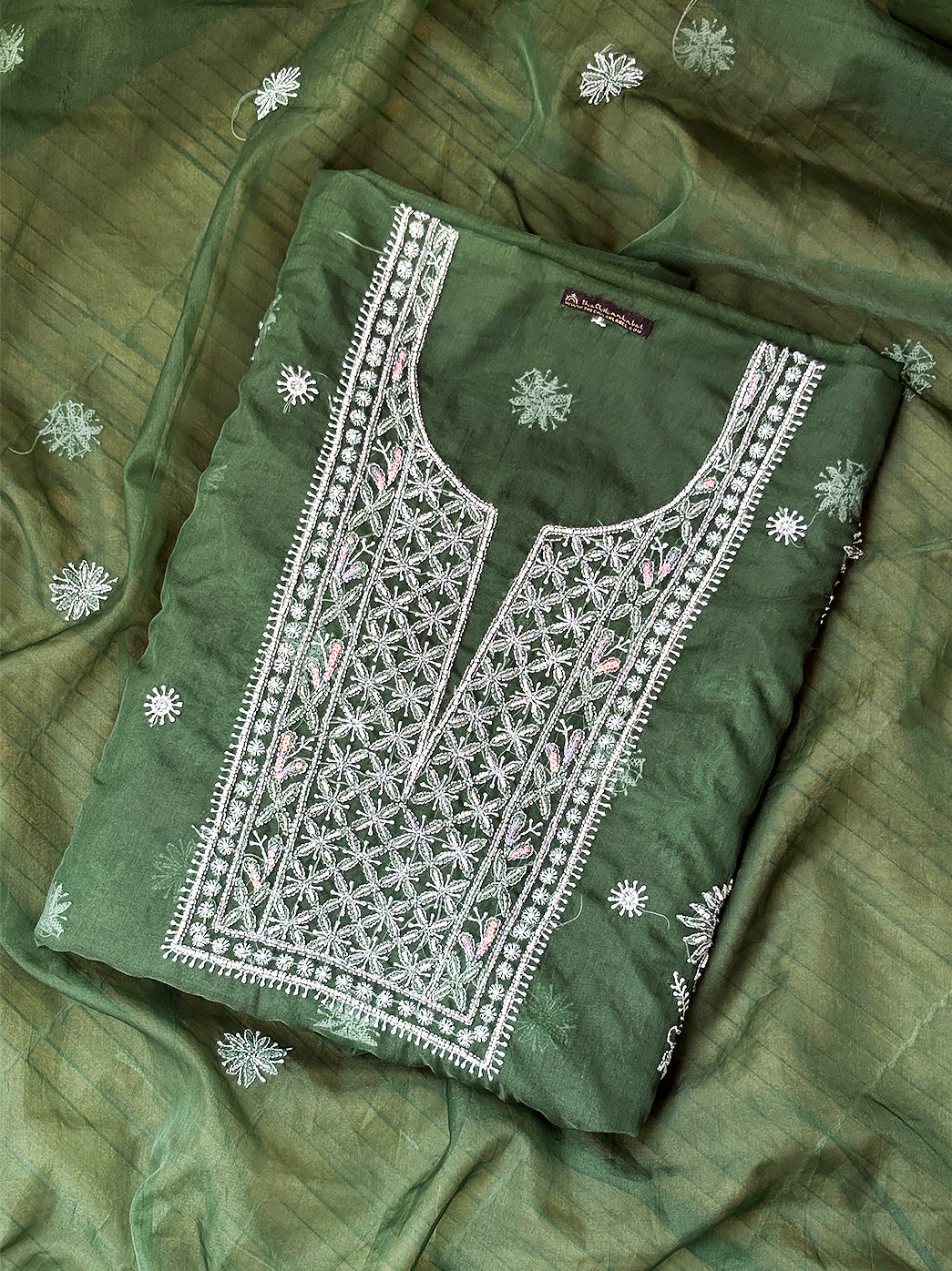 Ishira Organza Chikankari Kurti Piece with Dupatta - Green