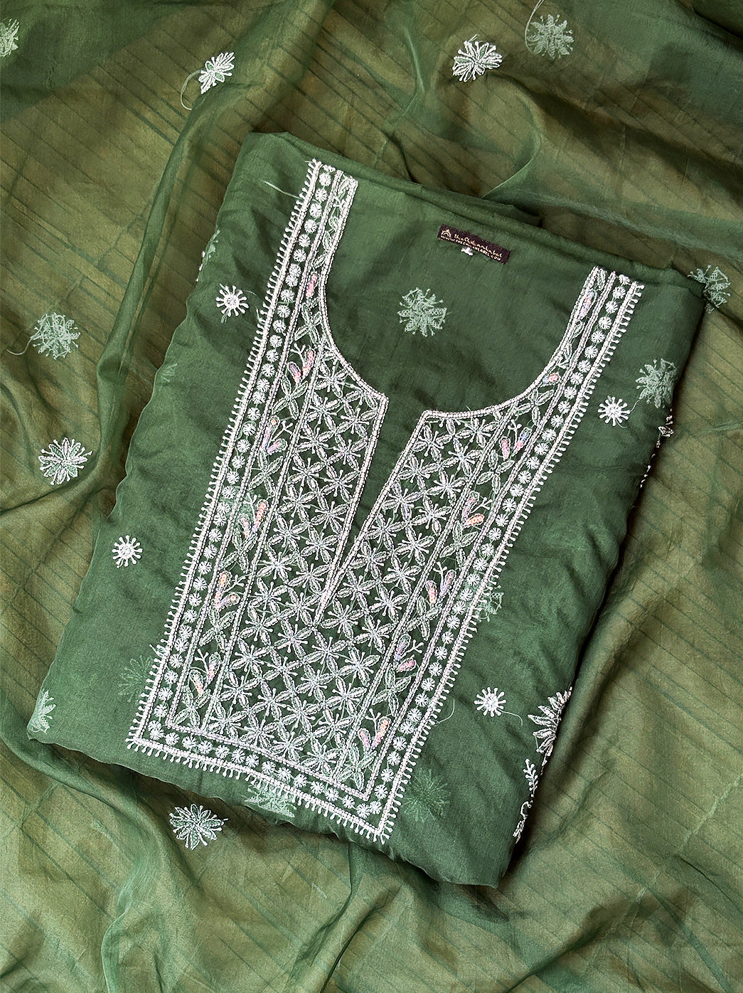 Green Organza Chikankari Un-Stitched Kurti Piece with Dupatta