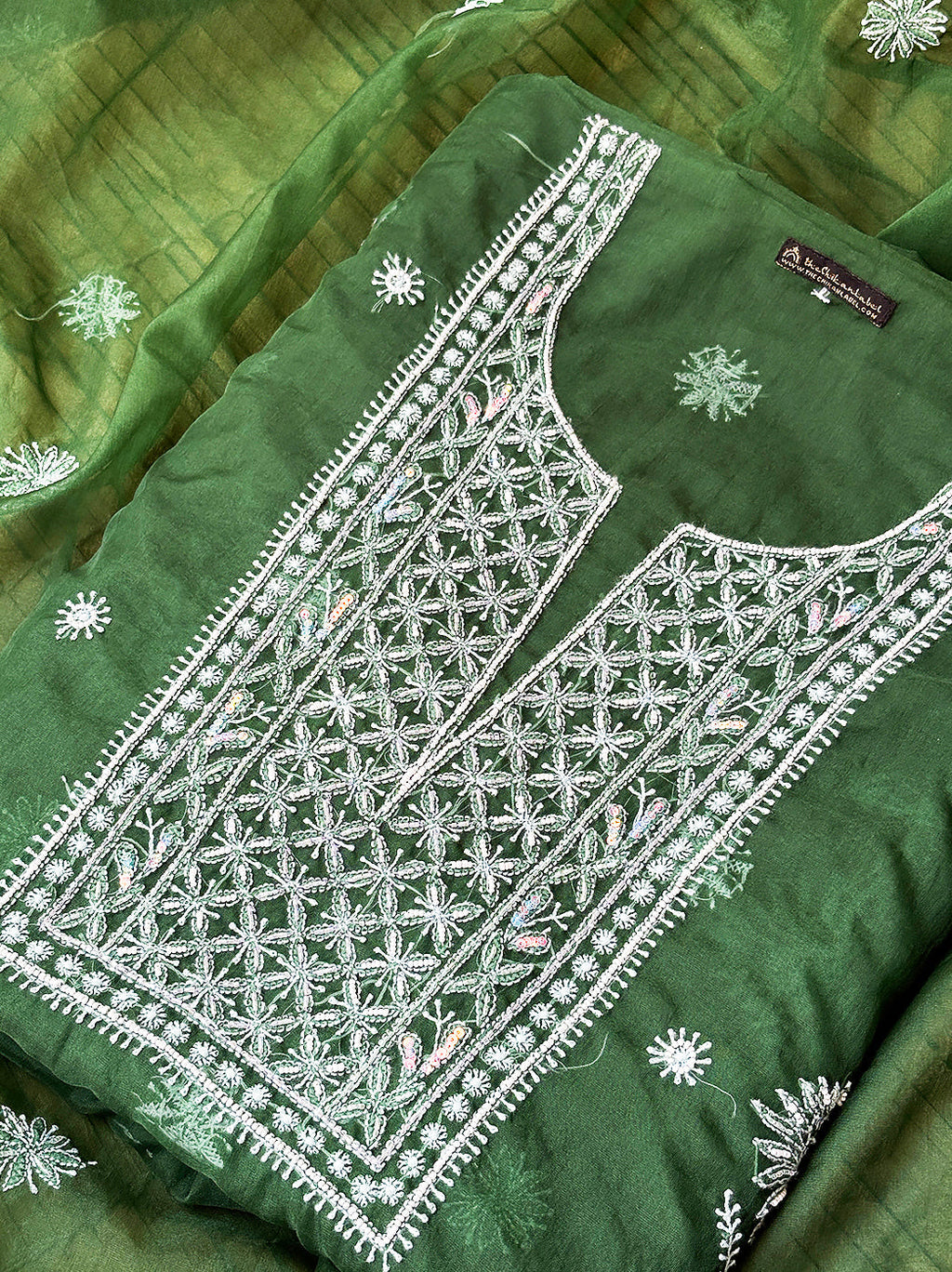 Green Organza Chikankari Un-Stitched Kurti Piece with Dupatta