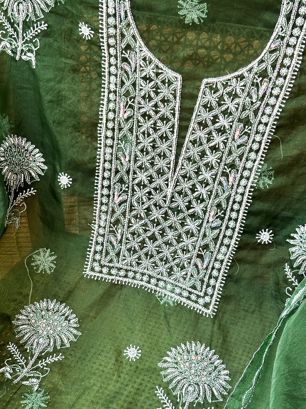 Green Organza Chikankari Un-Stitched Kurti Piece with Dupatta
