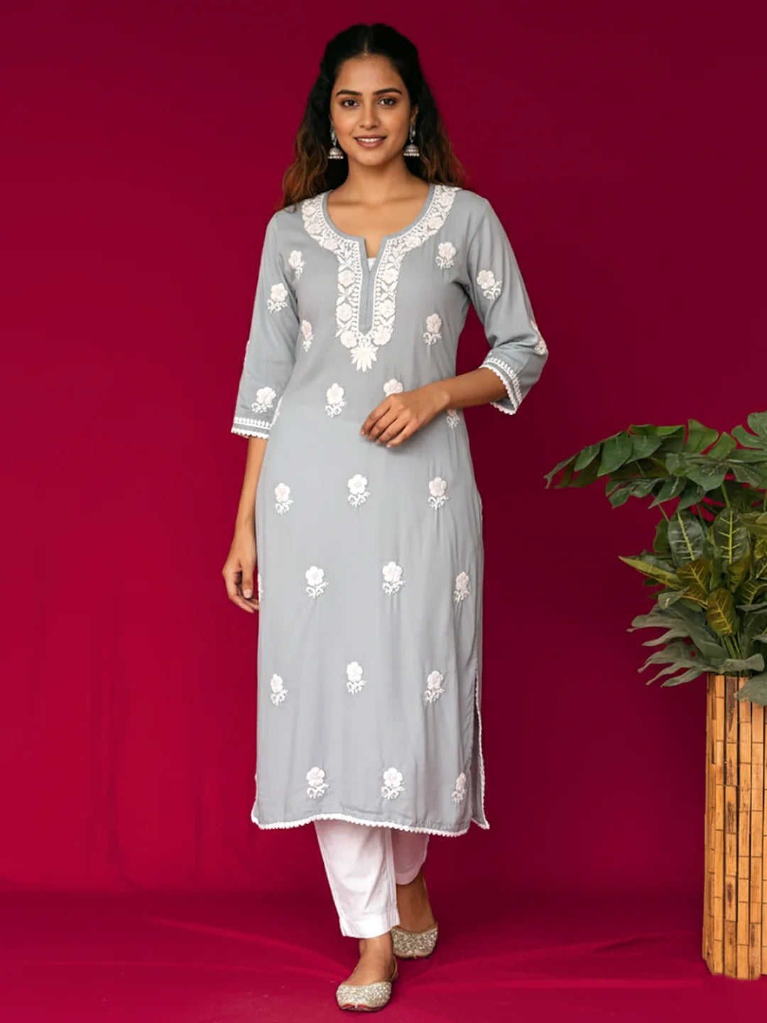 Grey Adda Modal Chikankari Straight Kurta