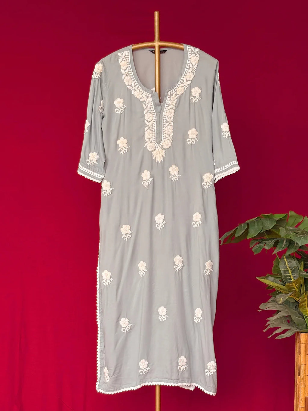 Grey Adda Modal Chikankari Straight Kurta