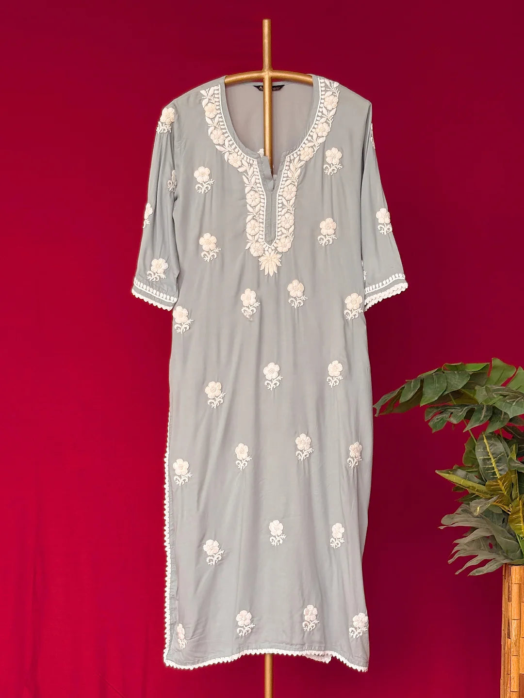 Grey Adda Modal Chikankari Straight Kurta