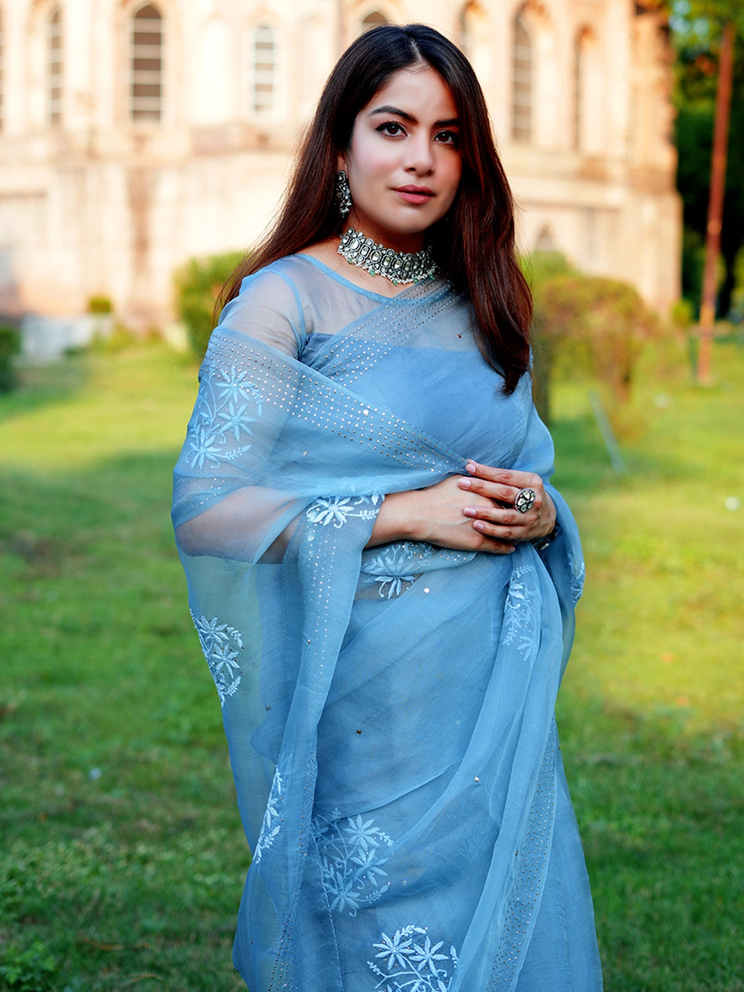 Grey Eesha Organza Chikankari Embroidered Saree