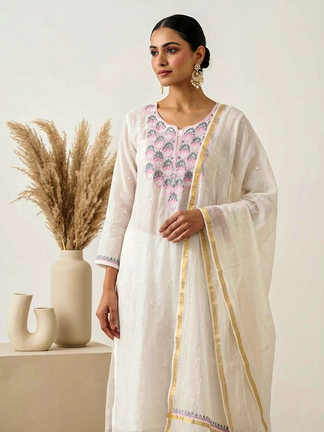 Naji Chikankari Kurta With Dupatta - Grey