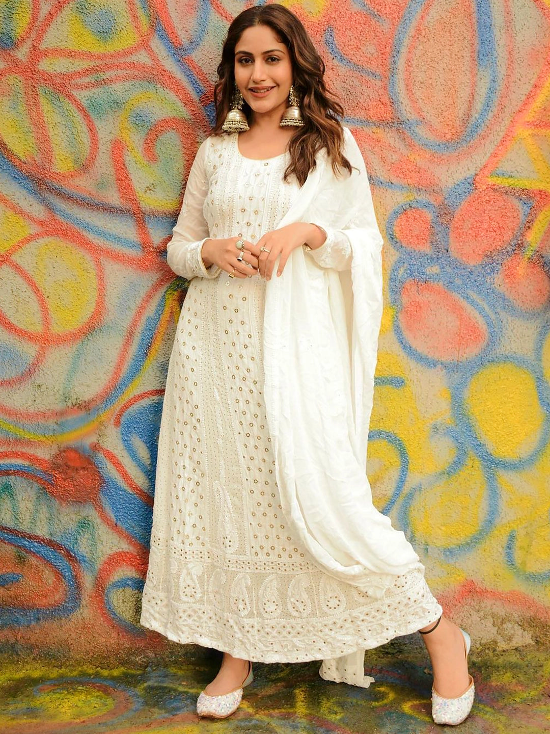 Surbhi Chandna White Gulmohar Viscose Chikankari Anarkali with Dupatta