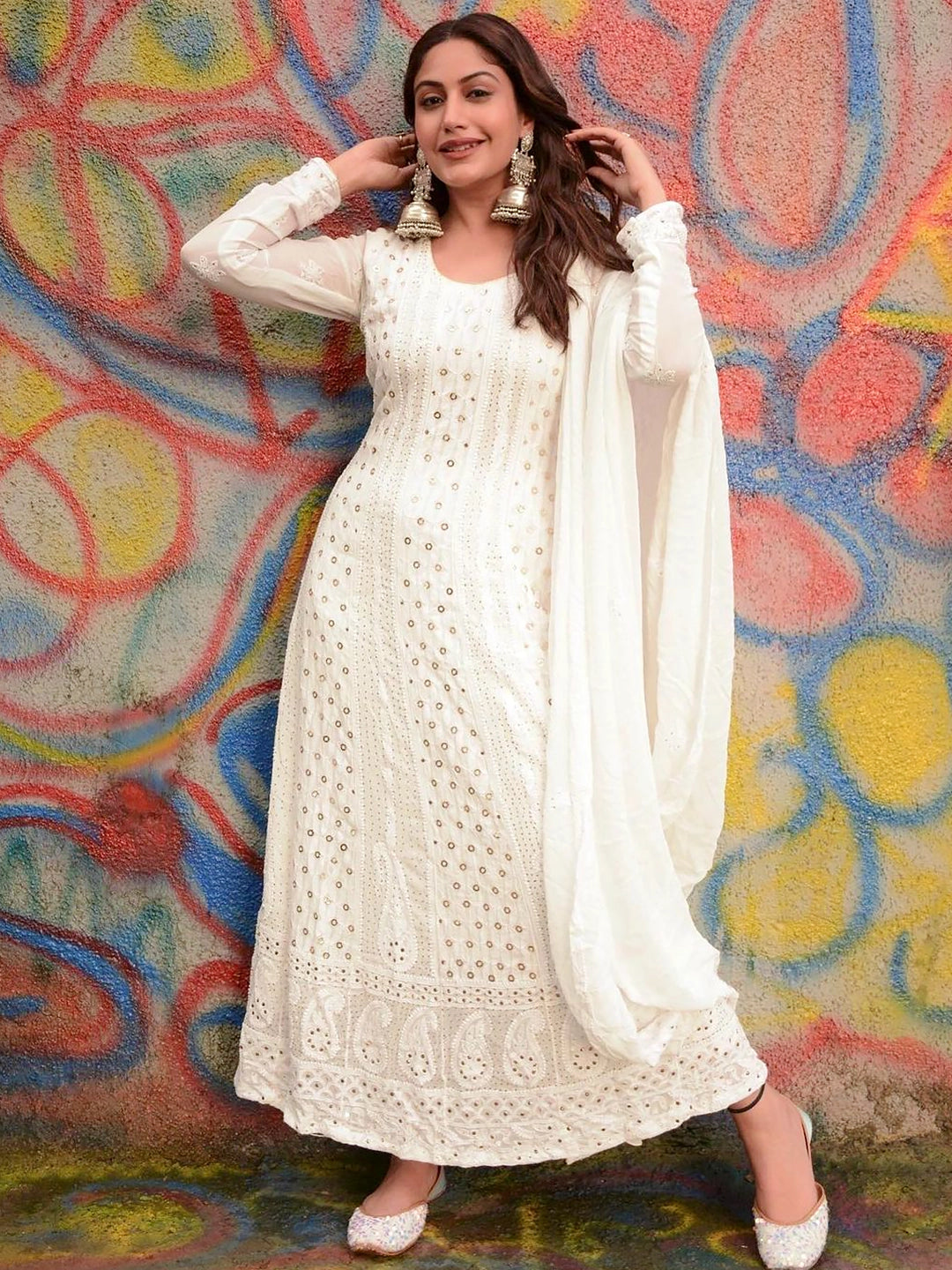 Surbhi Chandna White Gulmohar Viscose Chikankari Anarkali with Dupatta