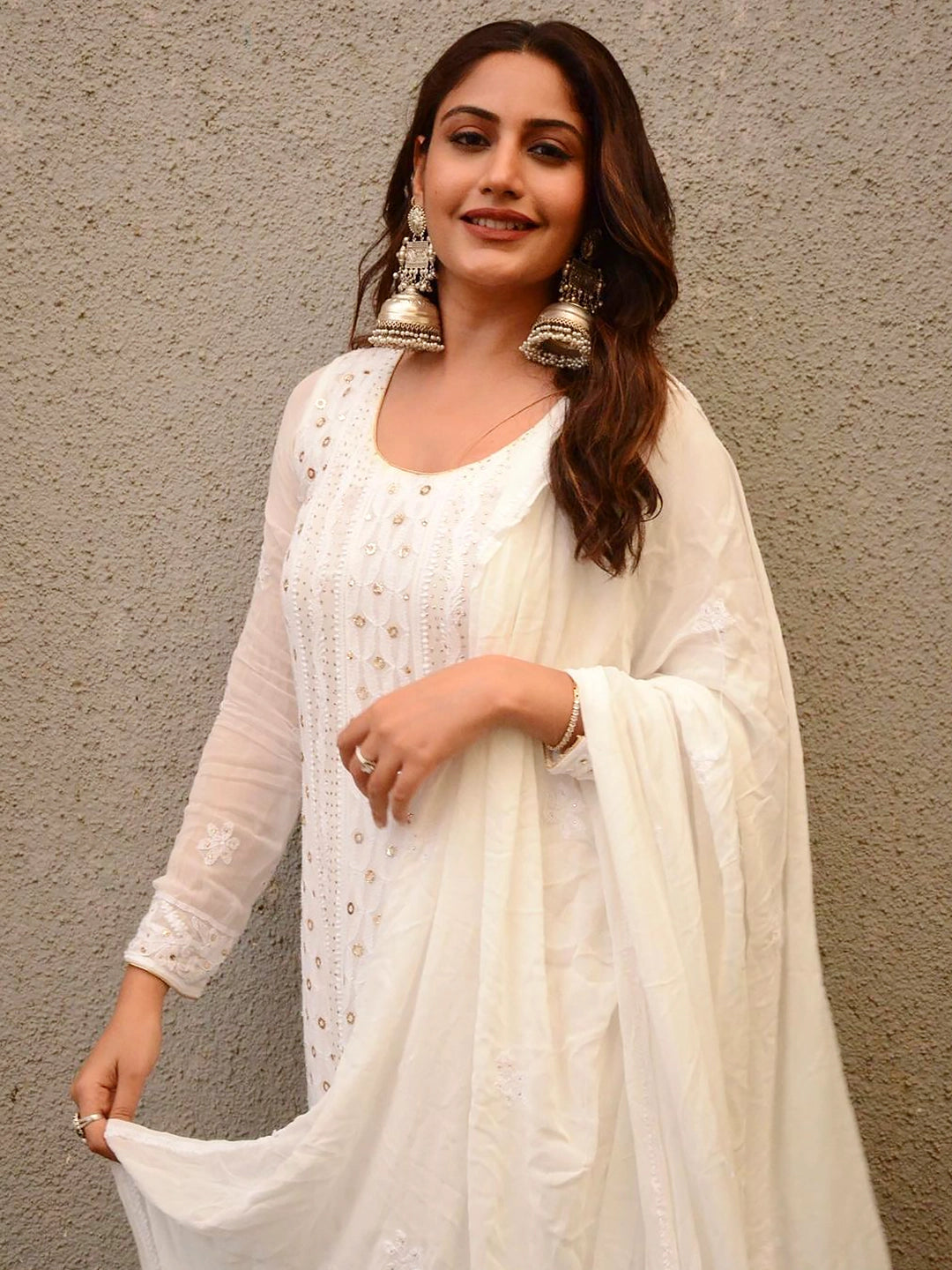 Surbhi Chandna White Gulmohar Viscose Chikankari Anarkali with Dupatta