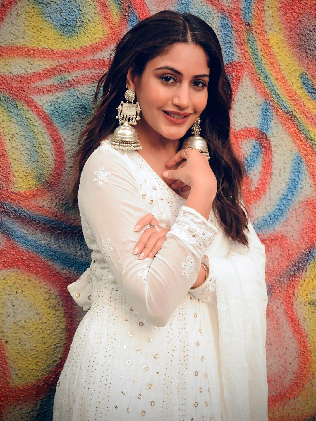 Surbhi Chandna White Gulmohar Viscose Chikankari Anarkali with Dupatta