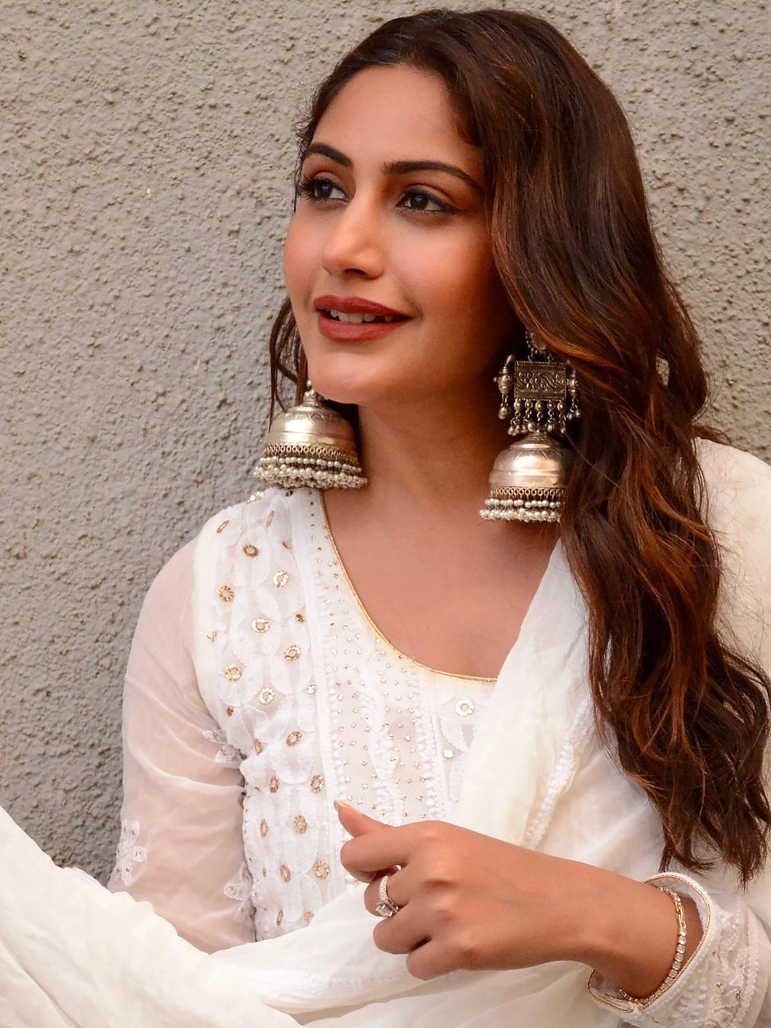 Surbhi Chandna White Gulmohar Viscose Chikankari Anarkali with Dupatta