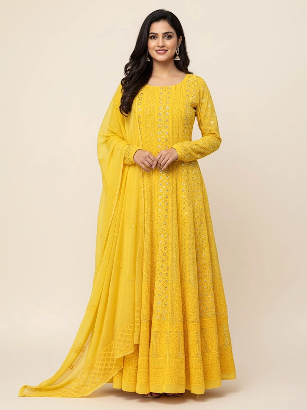 Yellow Gulmohar Viscose Chikankari Anarkali with Dupatta