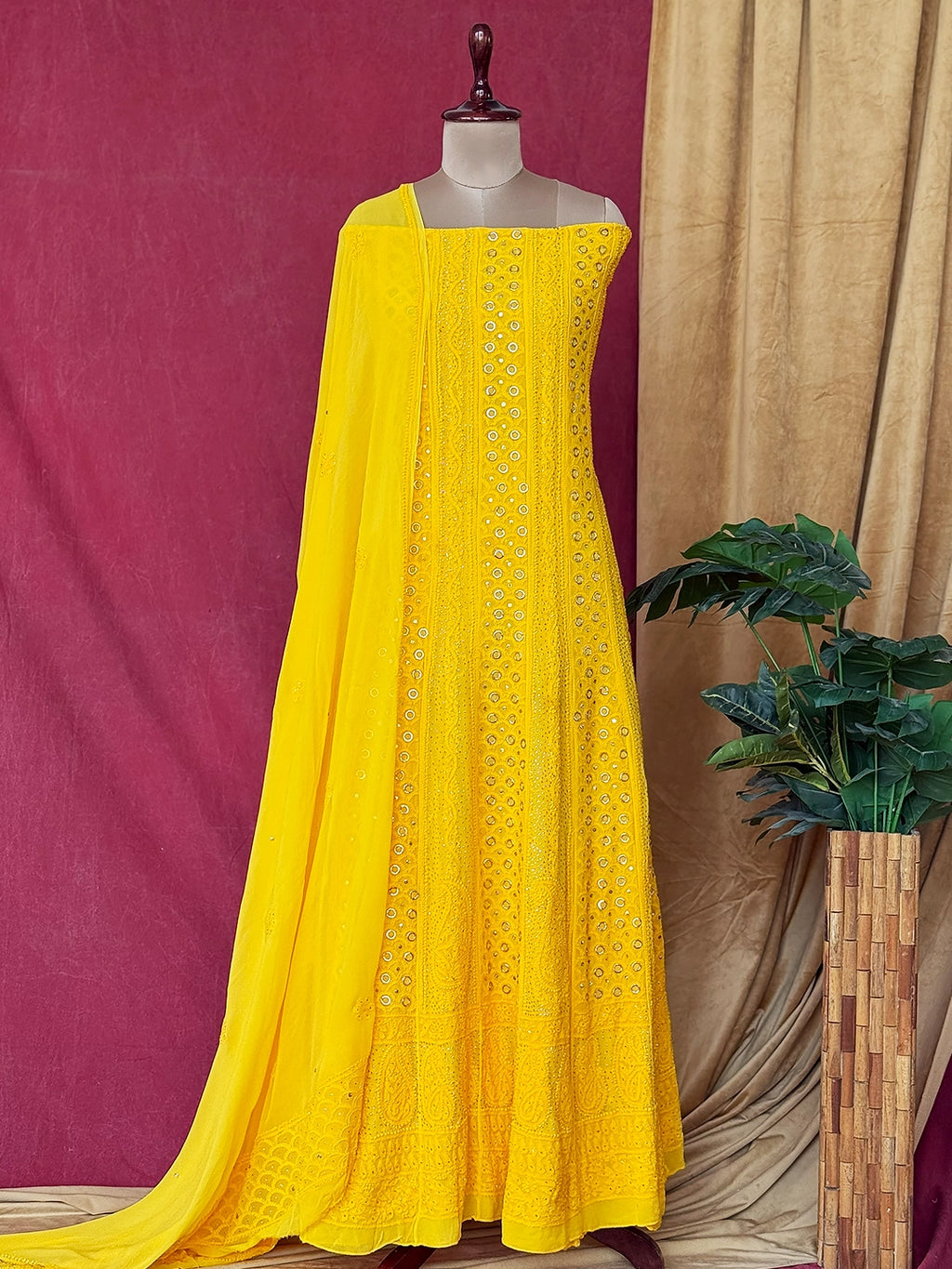 Yellow Gulmohar Viscose Chikankari Anarkali with Dupatta