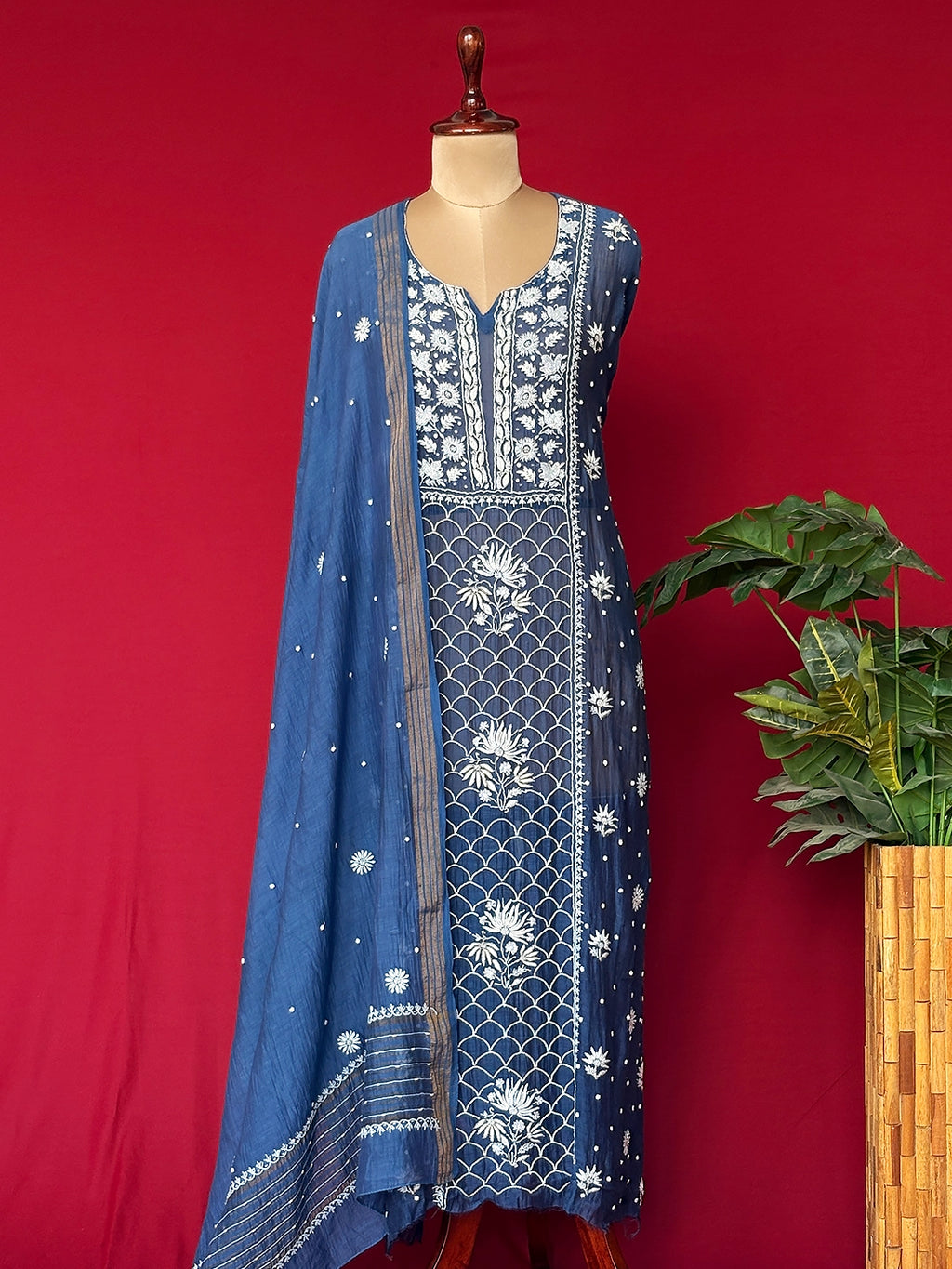 Hania Organza Chikankari Kurti Piece with Dupatta - Blue