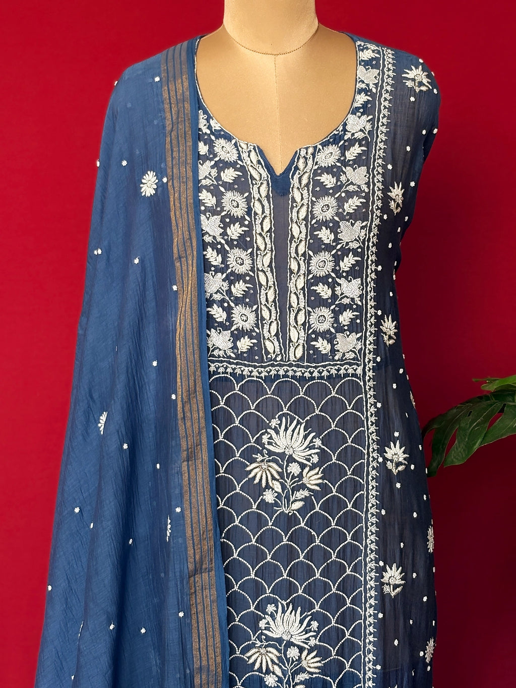 Hania Organza Chikankari Kurti Piece with Dupatta - Blue
