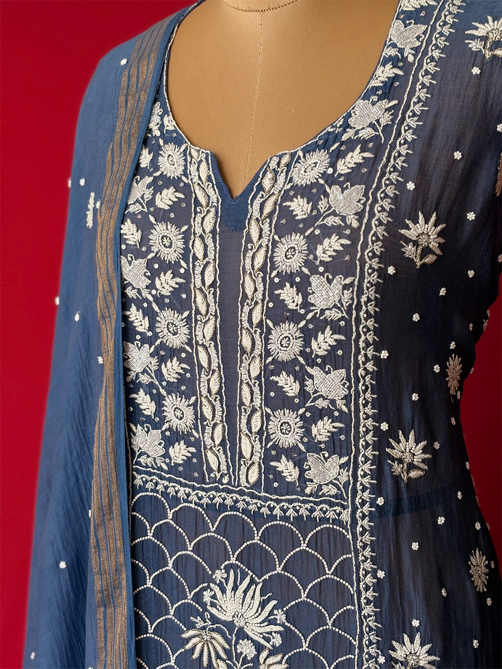 Hania Organza Chikankari Kurti Piece with Dupatta - Blue