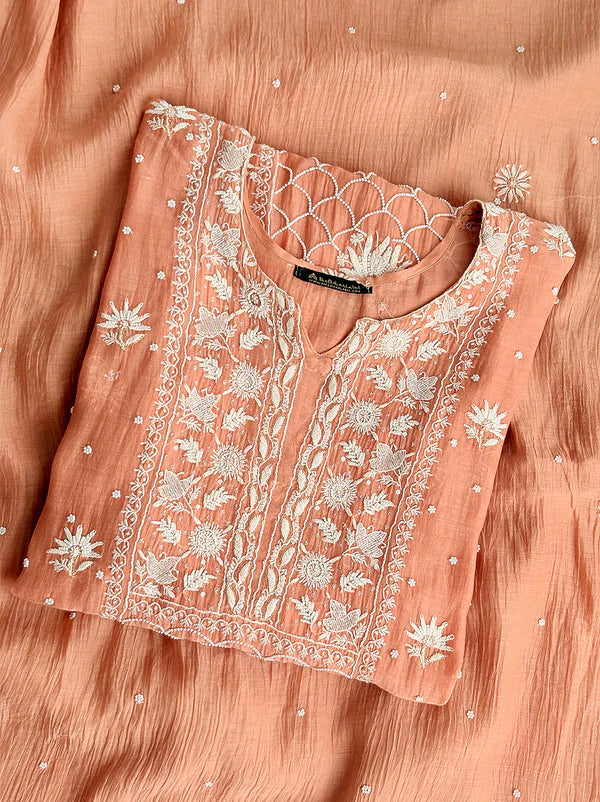 Hania Organza Chikankari Kurti Piece with Dupatta - Light Peach
