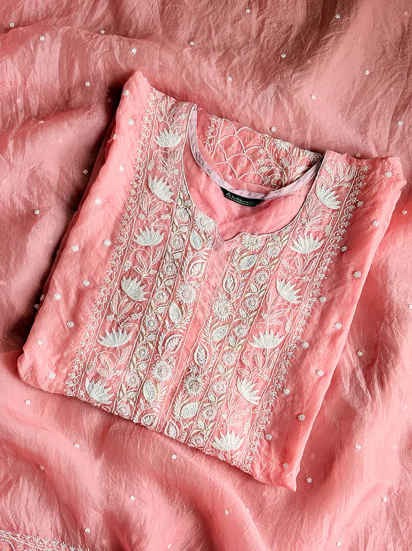Hania Organza Chikankari Kurti Piece with Dupatta - Peach