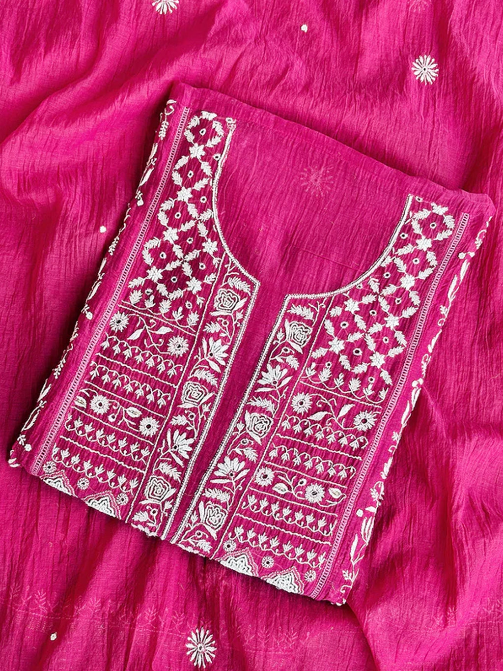 Hot Pink Mul Chanderi Chikankari Un-stitched Kurti Piece with Dupatta