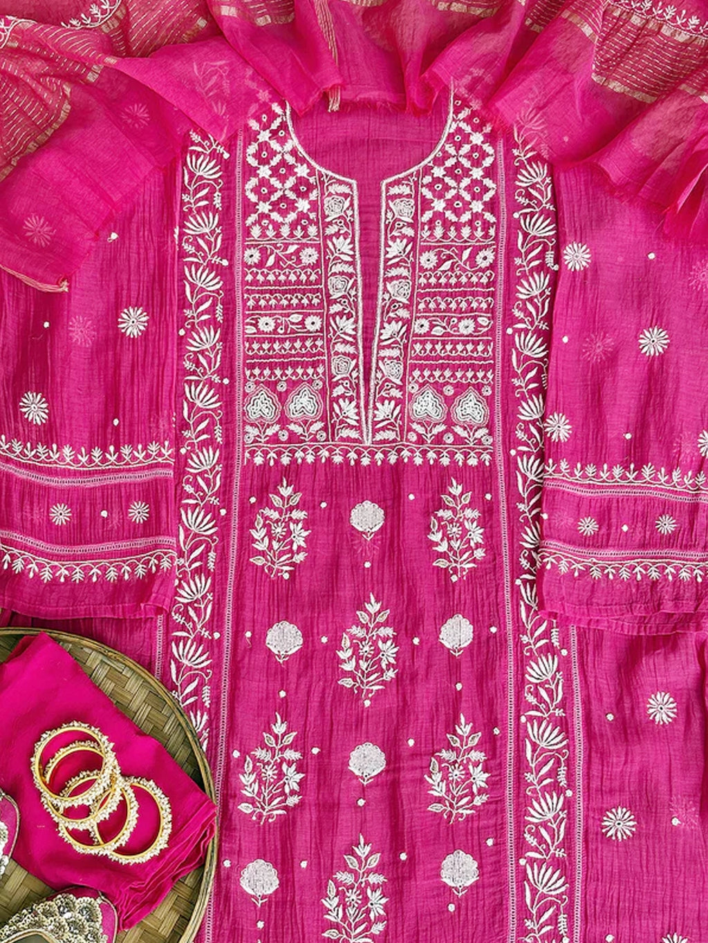 Hot Pink Mul Chanderi Chikankari Un-stitched Kurti Piece with Dupatta