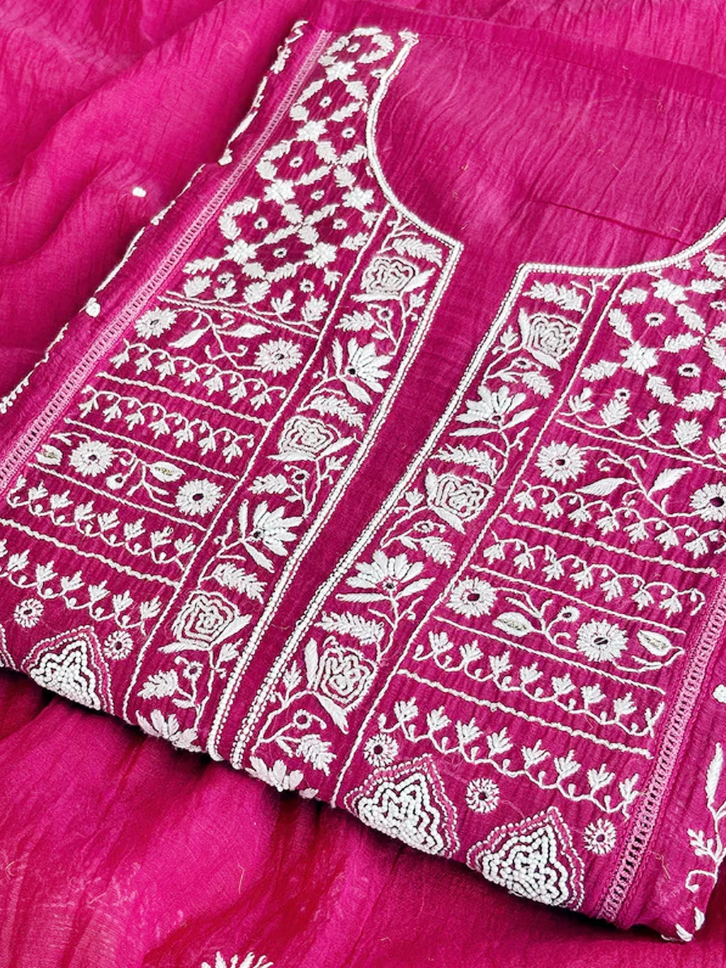 Hot Pink Mul Chanderi Chikankari Un-stitched Kurti Piece with Dupatta
