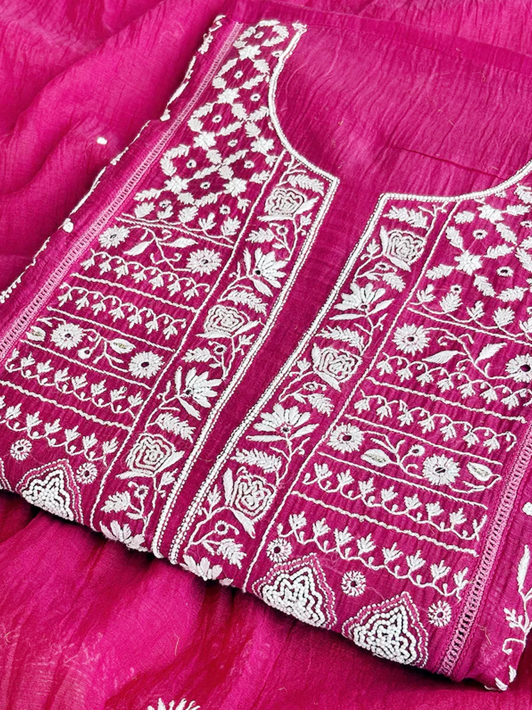 Hot Pink Mul Chanderi Chikankari Un-stitched Kurti Piece with Dupatta