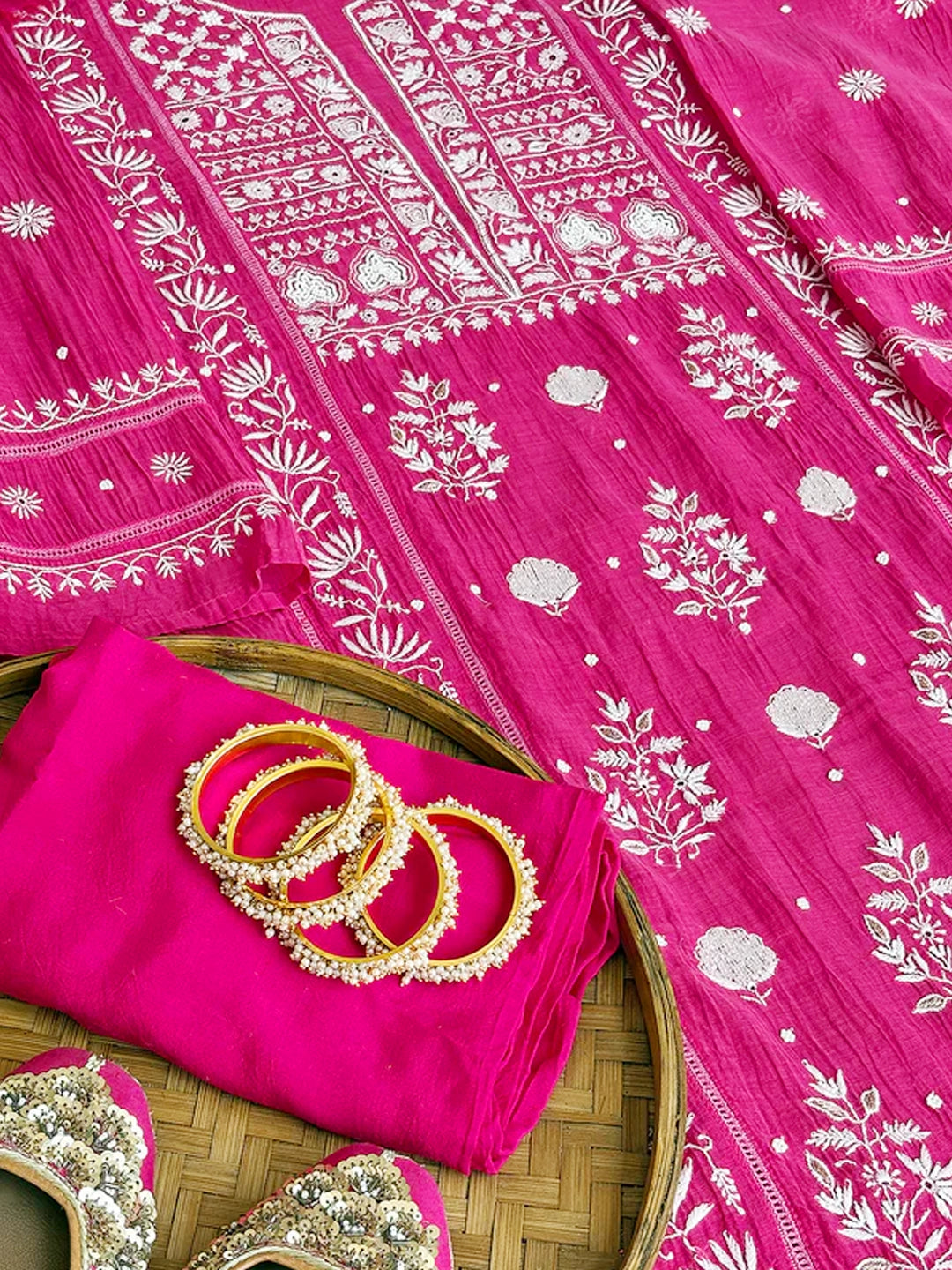 Hot Pink Mul Chanderi Chikankari Un-stitched Kurti Piece with Dupatta