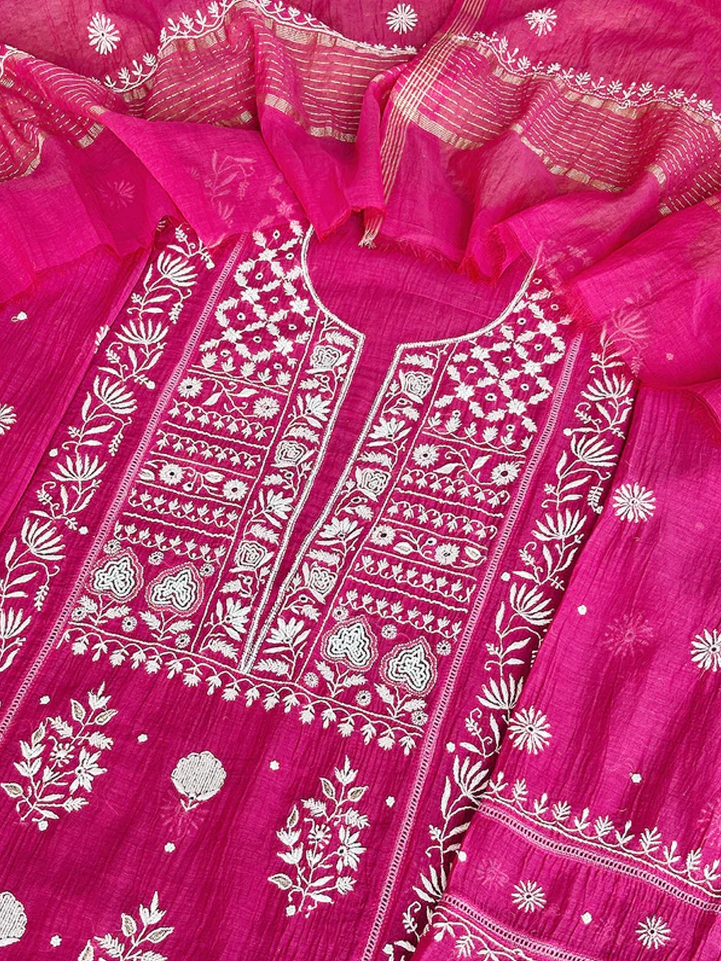 Hot Pink Mul Chanderi Chikankari Un-stitched Kurti Piece with Dupatta